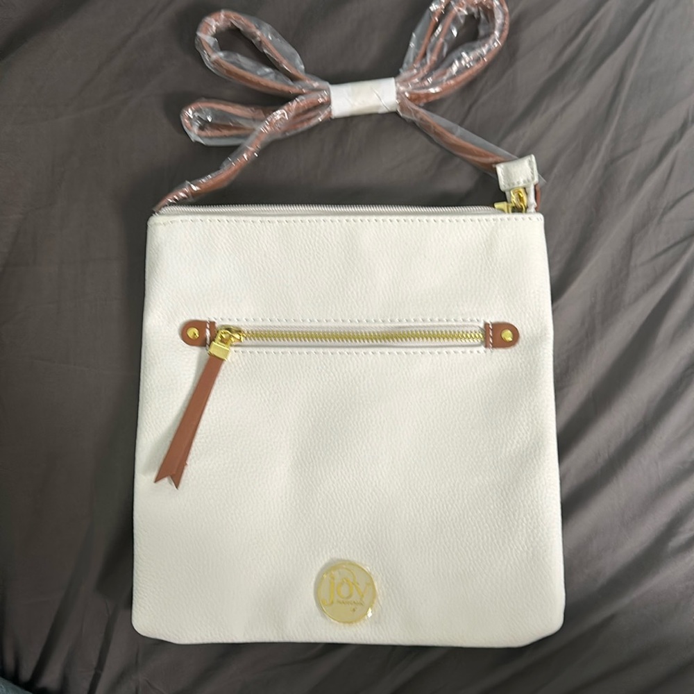 NWOT Joy Mangano Winter White Leather Crossbody
Handbag Purse withBrown Strap